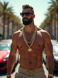 super muscular man wearing gold chains and sunglasses walking past luxury cars in slow motion