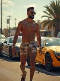 super muscular man wearing gold chains and sunglasses walking past luxury cars in slow motion