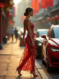 beautiful woman woman wearing gold jewelry and high heels walking past luxury cars in slow motion