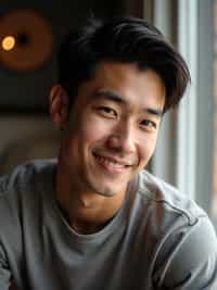 candid-style headshot of man, looking slightly off-camera, soft smile, cozy indoor setting (e.g., near a window), relaxed posture