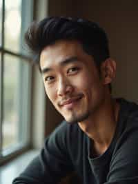 candid-style headshot of man, looking slightly off-camera, soft smile, cozy indoor setting (e.g., near a window), relaxed posture