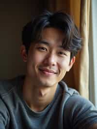 candid-style headshot of man, looking slightly off-camera, soft smile, cozy indoor setting (e.g., near a window), relaxed posture
