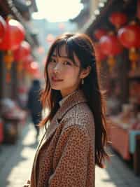a stylish  feminine woman exploring a street market