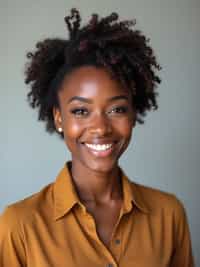 A professional teacher headshot of a friendly woman, taken in a well-lit studio with a plain backdrop. The woman is dressed in a smart, professional blouse with natural makeup and a warm smile . The lighting is soft and even, highlighting their facial features with an approachable and kind expression. The focus is sharp, capturing the woman's eyes and genuine smile, creating a perfect headshot for school websites and professional profiles.