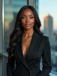 8k professional headshot of woman, crisp details, studio backdrop, executive attire, confident posture, neutral expression, high-definition, corporate setting, sharp focus, ambient lighting, business professional, cityscape view