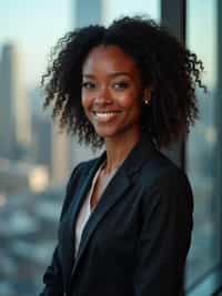 8k professional headshot of woman, crisp details, studio backdrop, executive attire, confident posture, neutral expression, high-definition, corporate setting, sharp focus, ambient lighting, business professional, cityscape view