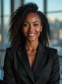 8k professional headshot of woman, crisp details, studio backdrop, executive attire, confident posture, neutral expression, high-definition, corporate setting, sharp focus, ambient lighting, business professional, cityscape view