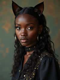 High-fashion Catgirl woman editorial shoot. Elegant cat ears, stylish outfit with subtle cat motifs, graceful pose . Artistic portrait.