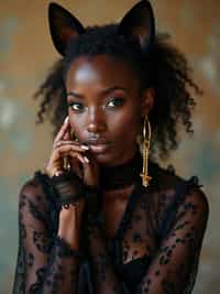 High-fashion Catgirl woman editorial shoot. Elegant cat ears, stylish outfit with subtle cat motifs, graceful pose . Artistic portrait.
