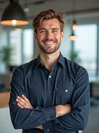 8k professional headshot of man, crisp details, bright modern office, casual tech wear, relaxed confident pose, approachable smile, high-definition, startup vibe, sharp focus, soft lighting, smart casual outfit, contemporary setting