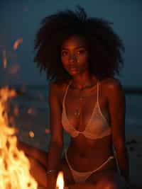 woman in a delicate crochet bikini, sitting close to a beach bonfire at dusk, the warm glow of the fire illuminating her skin, intimate, mysterious, and sexy summer night scene.
