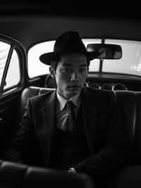 man in a vintage car interior, wearing  a dark suit with hat, dramatic lighting through car windows creating venetian blind effect, rear-view mirror showing mysterious figure, high-contrast black and white photography