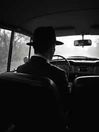 man in a vintage car interior, wearing  a dark suit with hat, dramatic lighting through car windows creating venetian blind effect, rear-view mirror showing mysterious figure, high-contrast black and white photography