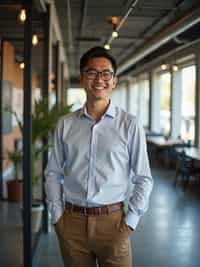 resilient man in relaxed business casual with quality basics  industrial loft office, working with team members