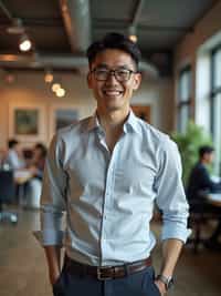 resilient man in relaxed business casual with quality basics  industrial loft office, working with team members