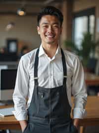 resilient man in relaxed business casual with quality basics  industrial loft office, working with team members