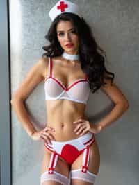 Bright studio image of a woman wearing a cheeky, playful medical-themed lingerie costume. The outfit consists of a white and red bralette with mesh cups and cross emblems, a matching mesh mini skirt, and a white collar and headpiece styled with red detailing. Her dark hair is voluminous and styled in soft waves, and she poses confidently against a silver metallic glossy textured wall, giving off a flirtatious, costume-inspired fantasy vibe.