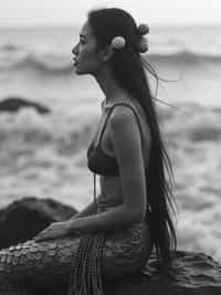 black and white 35mm film of woman as a 1920s silent film mermaid on rocky shore, wearing scaled costume with shell accessories, melancholic expression gazing at sea , theatrical waves, black and white with dreamy soft focus, fantasy ocean backdrop