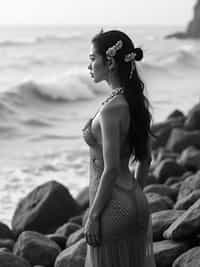 black and white 35mm film of woman as a 1920s silent film mermaid on rocky shore, wearing scaled costume with shell accessories, melancholic expression gazing at sea , theatrical waves, black and white with dreamy soft focus, fantasy ocean backdrop