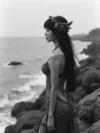 black and white 35mm film of woman as a 1920s silent film mermaid on rocky shore, wearing scaled costume with shell accessories, melancholic expression gazing at sea , theatrical waves, black and white with dreamy soft focus, fantasy ocean backdrop
