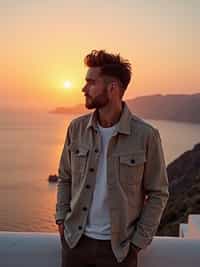 man watching sunset in Imerovigli, wearing  smart casual attire with light jacket, famous Santorini sunset colors