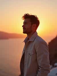man watching sunset in Imerovigli, wearing  smart casual attire with light jacket, famous Santorini sunset colors