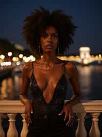 woman on Pont Alexandre III at night, wearing a glamorous evening outfit , Seine River and city lights in background