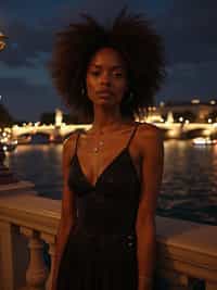 woman on Pont Alexandre III at night, wearing a glamorous evening outfit , Seine River and city lights in background