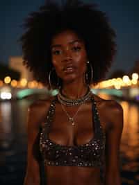 woman on Pont Alexandre III at night, wearing a glamorous evening outfit , Seine River and city lights in background