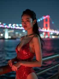 woman on Rainbow Bridge at night, wearing a glamorous evening outfit , Tokyo Bay and city lights in background