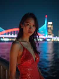 woman on Rainbow Bridge at night, wearing a glamorous evening outfit , Tokyo Bay and city lights in background