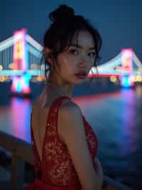 woman on Rainbow Bridge at night, wearing a glamorous evening outfit , Tokyo Bay and city lights in background
