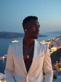 man on a private terrace overlooking Mykonos Town, wearing  a sophisticated white suit with no tie, twinkling city lights below