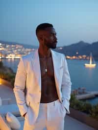 man on a private terrace overlooking Mykonos Town, wearing  a sophisticated white suit with no tie, twinkling city lights below