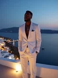 man on a private terrace overlooking Mykonos Town, wearing  a sophisticated white suit with no tie, twinkling city lights below