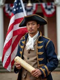 man in a stylized colonial outfit,  authentic revolutionary war uniform with extra flag elements, holding the original 13-star American flag and Declaration of Independence scroll, standing proudly in front of Independence Hall decorated with patriotic bunting.