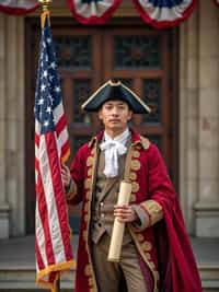man in a stylized colonial outfit,  authentic revolutionary war uniform with extra flag elements, holding the original 13-star American flag and Declaration of Independence scroll, standing proudly in front of Independence Hall decorated with patriotic bunting.