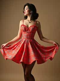 woman twirling in a retro swing dress blown up Marilyn-style, revealing stockings and panties , on a faux pin-up calendar set