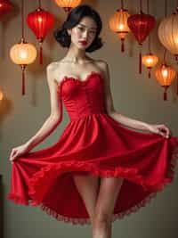 woman twirling in a retro swing dress blown up Marilyn-style, revealing stockings and panties , on a faux pin-up calendar set