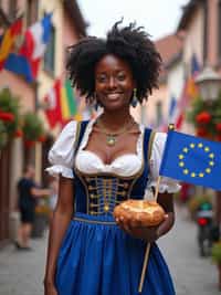 woman in traditional European festival attire, elegant dirndl in blue with gold star embroidery , holding a small European flag and traditional bread, standing proudly in a medieval town square decorated with flags of all European nations.