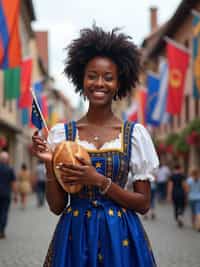 woman in traditional European festival attire, elegant dirndl in blue with gold star embroidery , holding a small European flag and traditional bread, standing proudly in a medieval town square decorated with flags of all European nations.