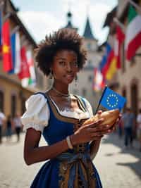 woman in traditional European festival attire, elegant dirndl in blue with gold star embroidery , holding a small European flag and traditional bread, standing proudly in a medieval town square decorated with flags of all European nations.