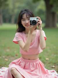 woman with Polaroid camera in hand taking picnic photos, wearing a soft pink crop top and skirt set , candid vibe with playful birthday energy