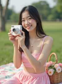 woman with Polaroid camera in hand taking picnic photos, wearing a soft pink crop top and skirt set , candid vibe with playful birthday energy