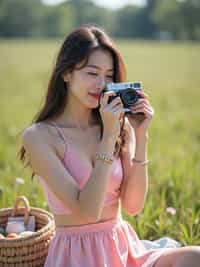 woman with Polaroid camera in hand taking picnic photos, wearing a soft pink crop top and skirt set , candid vibe with playful birthday energy