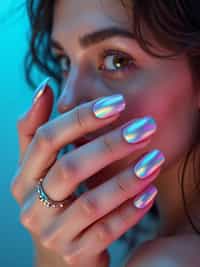 holographic chrome nails reflecting light spectrum, futuristic look, clean softbox lighting, posed fingers with high gloss