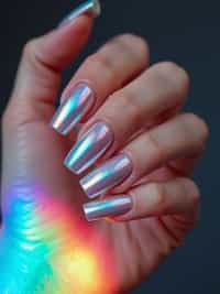 holographic chrome nails reflecting light spectrum, futuristic look, clean softbox lighting, posed fingers with high gloss