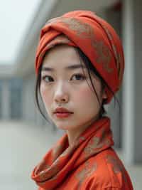 woman with a two-toned silk scarf styled as a complete headwrap covering all hair, with dewy skin , against a minimalist architectural background