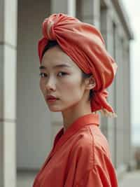 woman with a two-toned silk scarf styled as a complete headwrap covering all hair, with dewy skin , against a minimalist architectural background