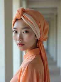 woman with a two-toned silk scarf styled as a complete headwrap covering all hair, with dewy skin , against a minimalist architectural background